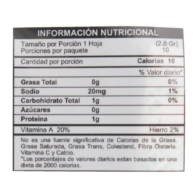 Tabla nutricional de papel de arroz comestible con 68.0 calorías