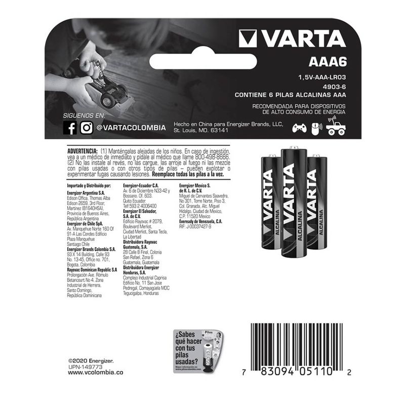 Pilas alcalinas Varta AAA x 6