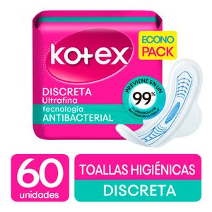Toallas higiénicas Kotex discreta antibacterial x60unds