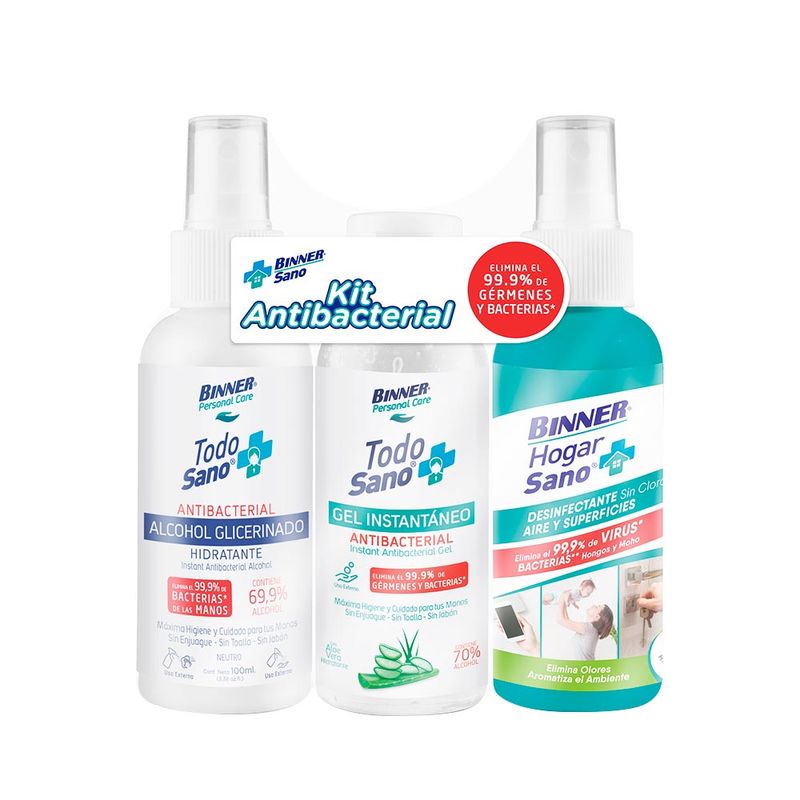Kit Binner hogar con alcohol + desinfectante + gel x100ml - Tiendas Jumbo
