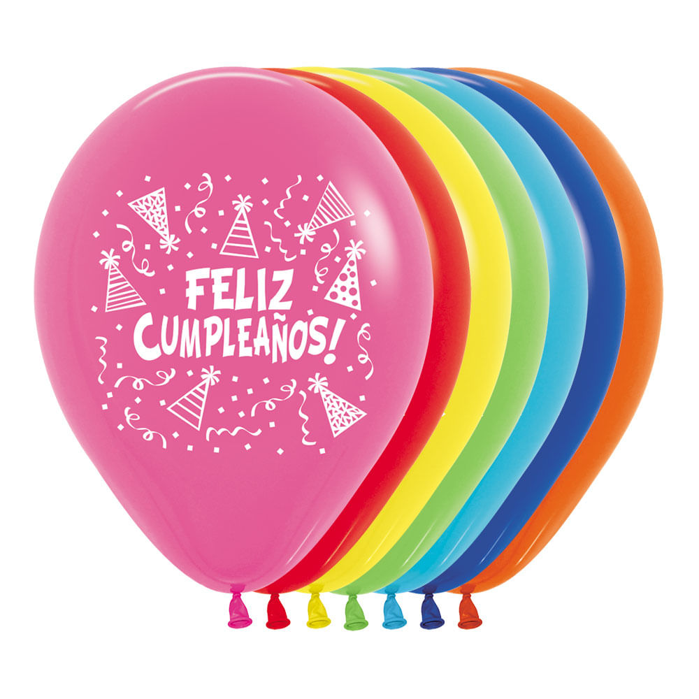Globo R-12 impreso feliz cumpleaños gorritos surtido x12unds