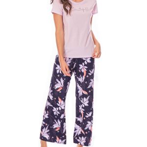 Pijama camiseta manga corta pantalon largo poliéster/algodón/elastano lila estampado. 17068