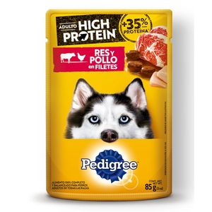 Alimento húmedo Pedigree High Protein perro adulto res y pollo x85g