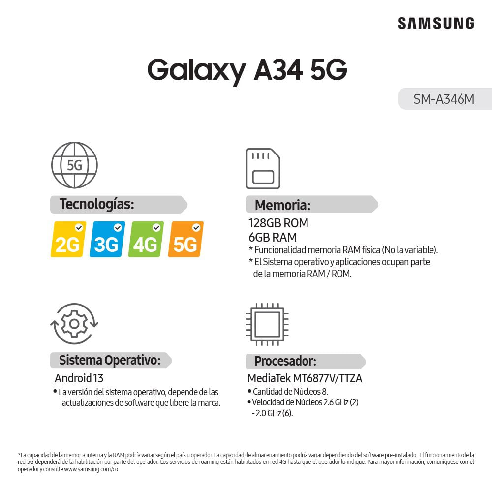 Celular Samsung Galaxy A34 5G - 6+128 GB - Negro