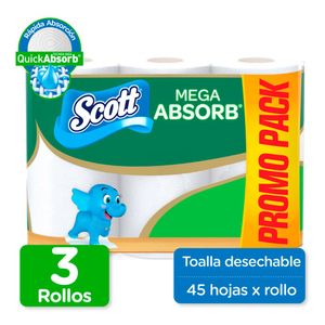 Toalla De Papel Desechable Scott Mega Absorb 3 Rollos x45 Hojas c/u