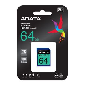 Memoria SD Adata 64GB PremierPro Graba Video En Ultra HD 4k