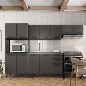 Cocina Integral en ACERO 280cm sin vidrios incluye lavaplatos central y mueble microondas Gris