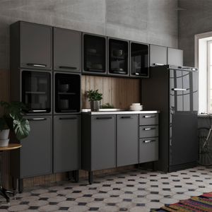 Cocina Integral con vidrios en ACERO 280cm alacena y mueble campana incluye lavaplatos central Gris