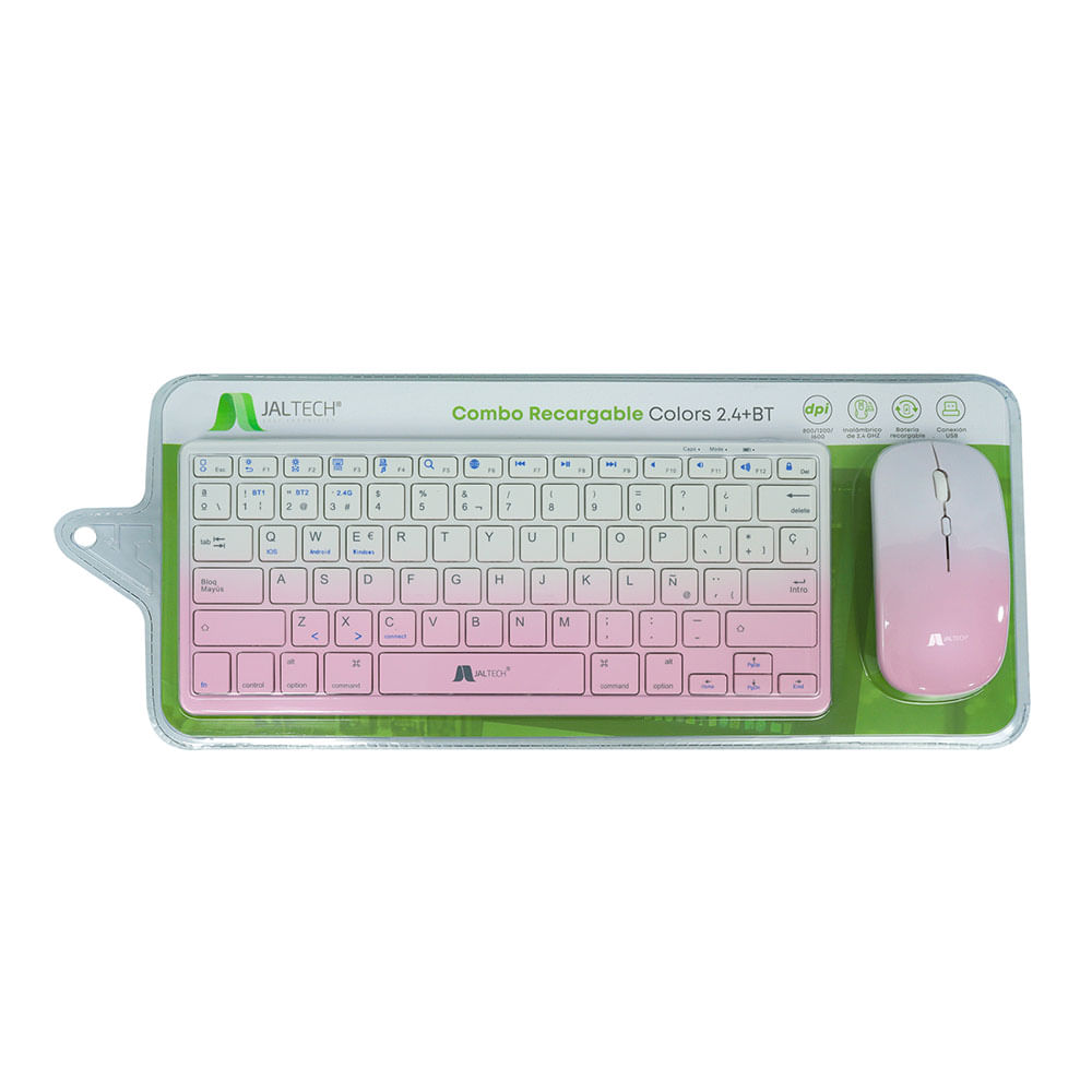 Combo Teclado + Mouse Recargable 2.4 Bluetooth Blanco/Rosa